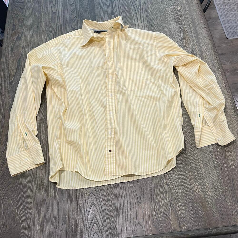 Tommy Hilfiger Mens Button-Down Shirt Long Sleeves Striped Yellow White Size XL